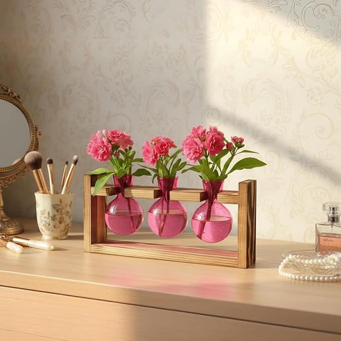 XXXFLOWER 3 Bulb Glass Propagation Station with Wooden Stand, Propagation Vase Propagated Plant Holders Tabletop Planter, Gardening Hydroponics Gifts Home Office Indoor Decor (Pink)