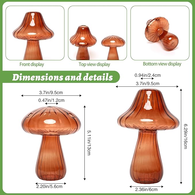 Mushroom Glass Vase Propagation Stations Flower Vases Home Decor Mushroom Planter Cute Vases Garden Decoration Set of 2