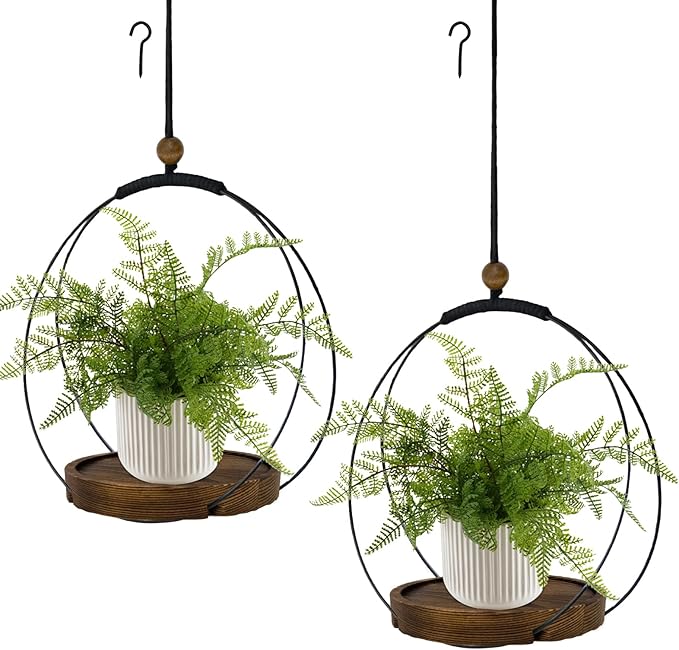 hismocal Hanging Planters for Indoor Plants,Plant Hanger with Sturdy Wood Base,Modern Boho Macrame Plant Hanger,Wall Ceiling Window Stands(Plants/Pots Not Included) (2 Pack-Circle)