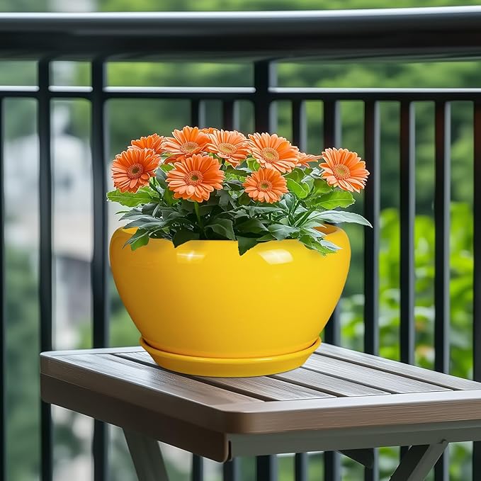 Ceramicfor Indoor Planter 11 Inch - Decorative Mid-Century Large Ceramic Plant Pot for Outdoor Plants with Drainage Hole and Saucer, Home Balcony House Garden Patio Office Room Decor, Yellow