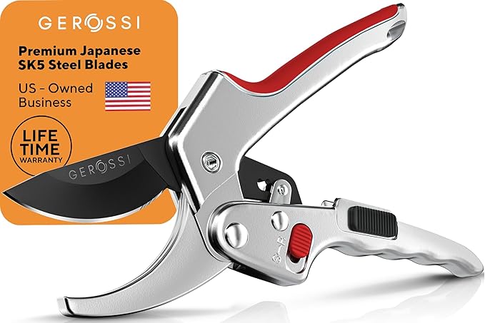 Ratchet Pruning Shears for Gardening Heavy Duty - Increases Cutting Power 3x - Perfect Ratchet Pruners for Weak Hands & Arthritis - 8” Anvil Garden Clippers - Sharp Blade for Effortless Cutting - Red
