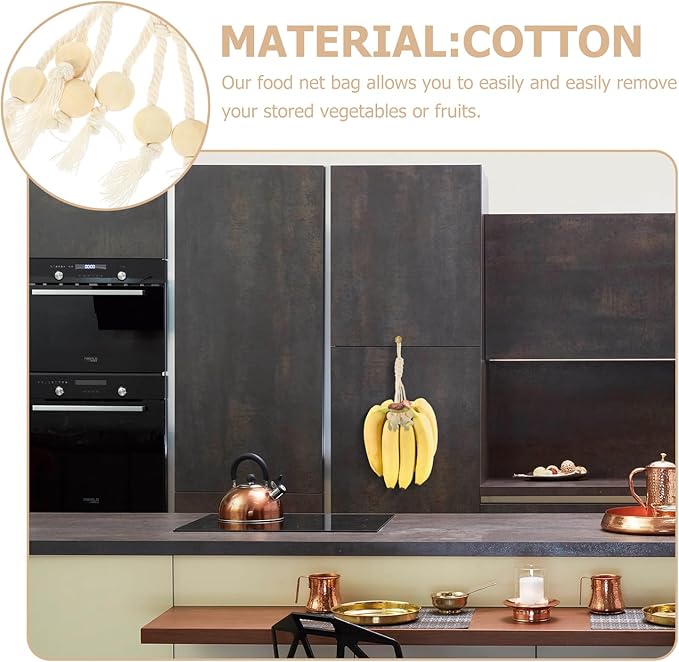 Cabilock Banana Hanger Cotton Rope with Wooden Beads Hanging Fruit Storage Organizer for Kitchen Cabinet or Countertop