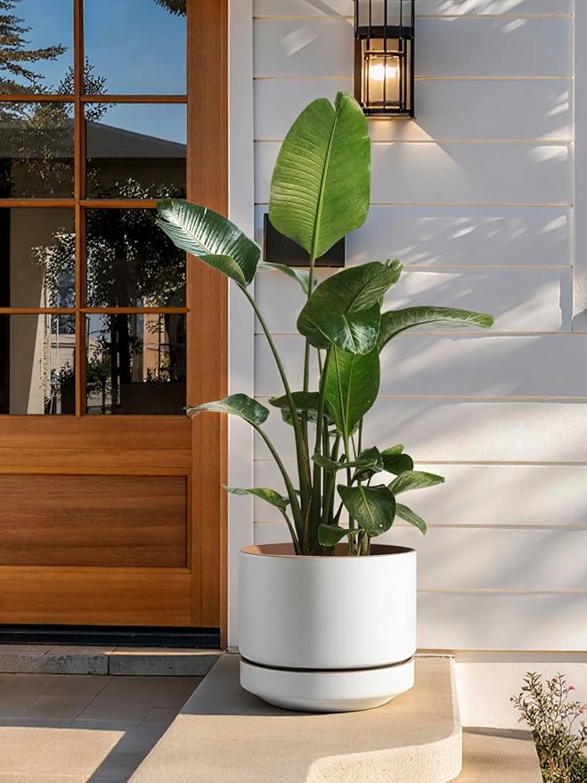 LE TAUCI 14 Inch Large Plant Pot with Saucer, Ceramic Outdoor & Indoor Big Planter with Drainage Hole, Mesh Pad Included, Matte Glazed Outside, Modern for Home and Patio, Alpine White & Ochre