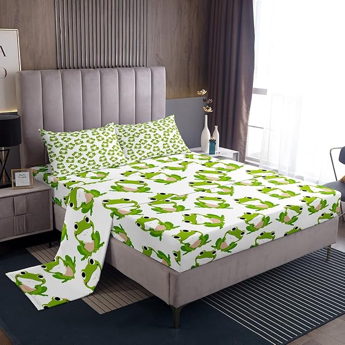 Feelyou Kids Frog Sheet Set Cute Green Frogs Bed Sheets for Boys Girls Children Wild Animal Decor Bed Sheet Set Kawaii Pattern Bedding Set Bedroom Bed Set with Deep Pocket Fitted Sheet 3Pcs Twin Size