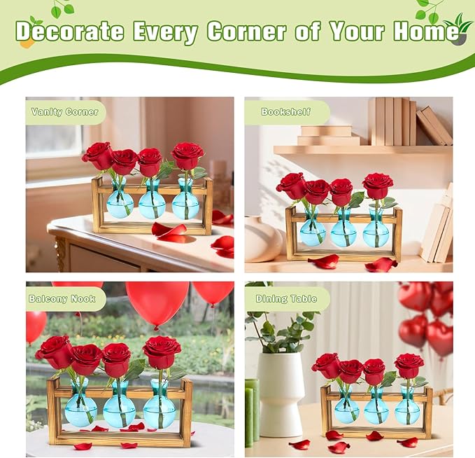 XXXFLOWER Propagation Station with Wooden Stand, 3 Bulb Glass Vase Plant Terrarium for Hydroponics Home Office Indoor Decor,Plant Gift for Mom Women Wife Friend Plant Lovers (Blue)