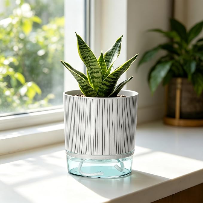 Self Watering Pots for Indoor Plants, 4 and 5.3 Inch, Plastic, Black Stripes, Round, Modern, Tabletop