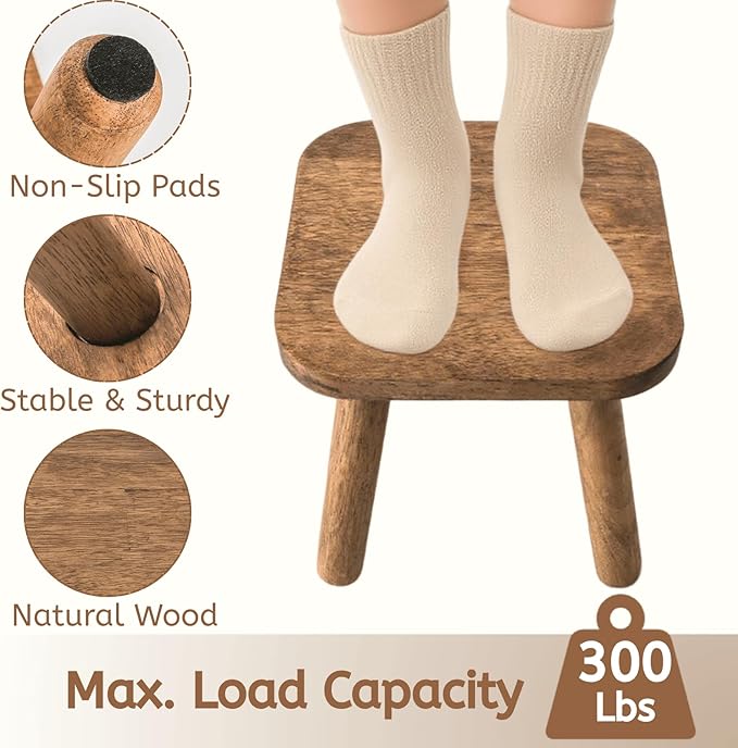 Youeon 9 Inch Small Wooden Step Stool, Non-Slip One Step Stool for Adults, Holds up to 300 Lbs, Portable & Sturdy, Footstool for Bedroom, Bathroom, Kitchen, Easy to Assemble