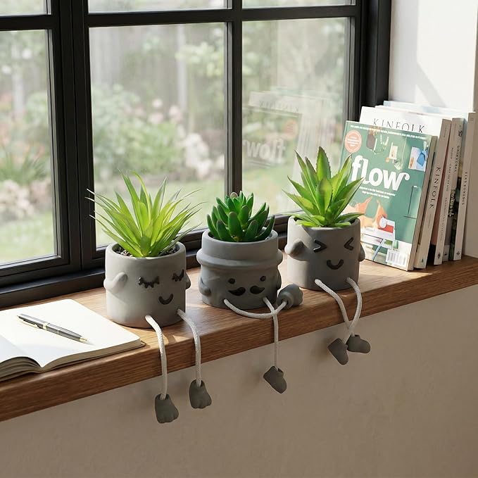 Small Fake Plants Faux Succulents in Grey Pots with Hanging Leg Potted Mini Fake Plants for Office Desk Decor Cute Artificial Succulent Plants for Home Office Desk Decor and Gift Choice - Set of 3