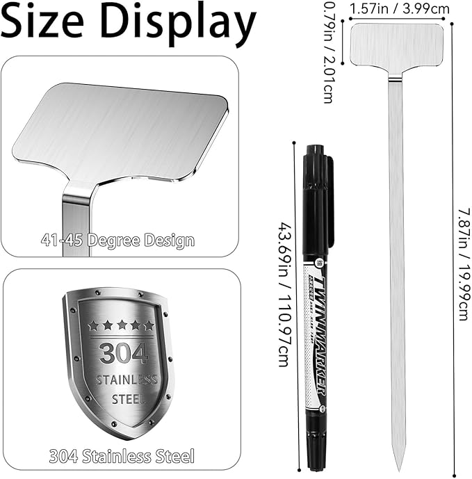 304 Stainless Steel Plant Label, 50 Waterproof Metal Plant Label Stakes and Marker Pen, 7.87" Garden Markers for Outdoor Indoor Plants Identification.