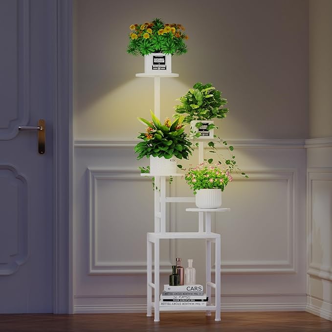 Homsorout Plant Stand Indoor with Grow Light, 5-Tiered Tall Plant Stand Indoor, Metal Plant Shelf with Adjustable Light, Ideal for Living Room, Garden, Round Patio white