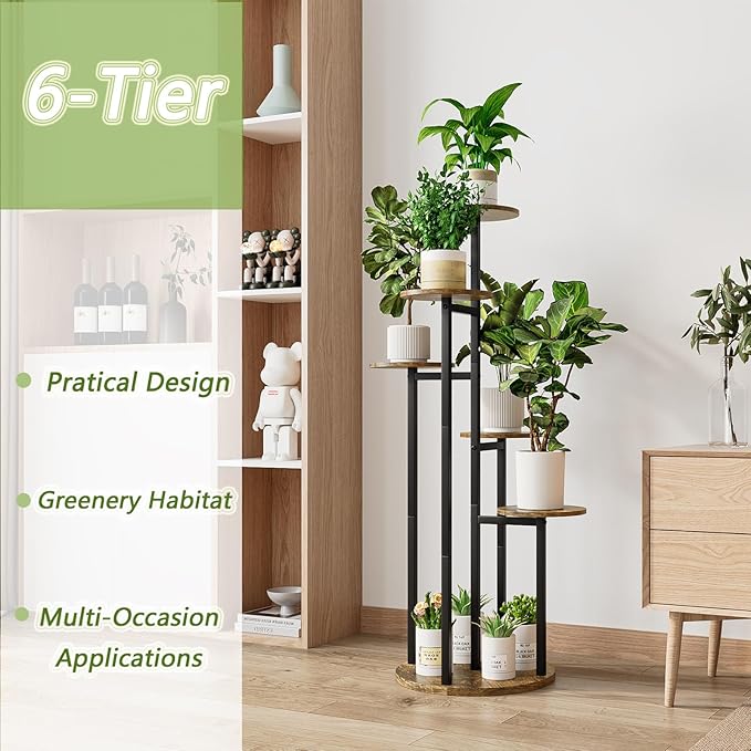INGIORDAR Plant Stand Indoor Outdoor Corner Plant Shelf for Multiple Flower Pots Flower Stand Holder for Patio Garden Balcony Living Room (Black+Rustic Brown, 6 Tier)