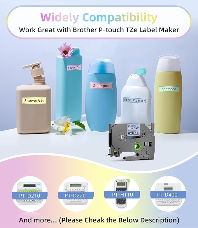 Freshworld Replace for Brother Ptouch 12mm 0.47 Laminated TZ Colored Refills Tape Black on Clear/Purple/Blue/Pink/Yellow/Green, Compatible with Brother PTouch Label Maker PT-D210 D220 H110 D400