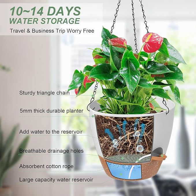 Vanslogreen Hanging Planters for Indoor Outdoor Plants, 1 Set Self Watering Hanging Pot with Drainage Holes & Removable Tray (White-12inch, 12'')