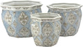 Galt International Light Blue & White Round Fluted Floral Porcelain Ceramic Plant Flower Planter Pot Set of 3 (7.5", 10", 13") Garden Pots Chinese Asian Design