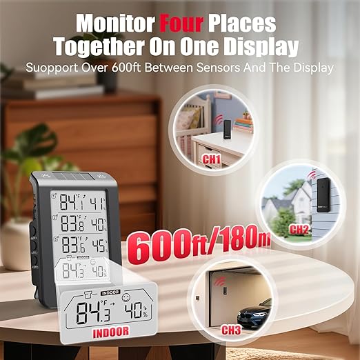 BaldrTherm Solar Photosensitive Three Channel Thermo-Hygrometer, Wireless Temperature & Humidity Monitor with 330ft Range, 4.8" Digital Display, Smart Backlight, Real-Time Alerts, Black