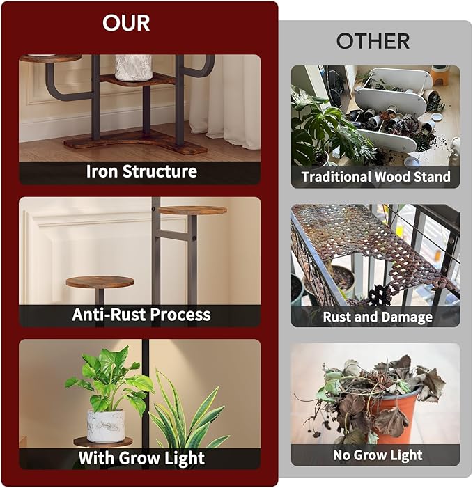 Homsorout Corner Plant Stand with Grow Light - 6 Tier Plant Stand Indoor Round Metal Plant Shelf with Adjustable Light, Plant Organizer for Living Room, Graden, Home Decor (Brown)