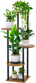 5 Tier Wood Tall Plant Stand Metal Rack Indoor, Multiple Flower Pot Holder Shelves Corner Rack, Round Planter Shelf Display Rack Storage Organizer for Patio Living Room Balcony(Black+Brown)