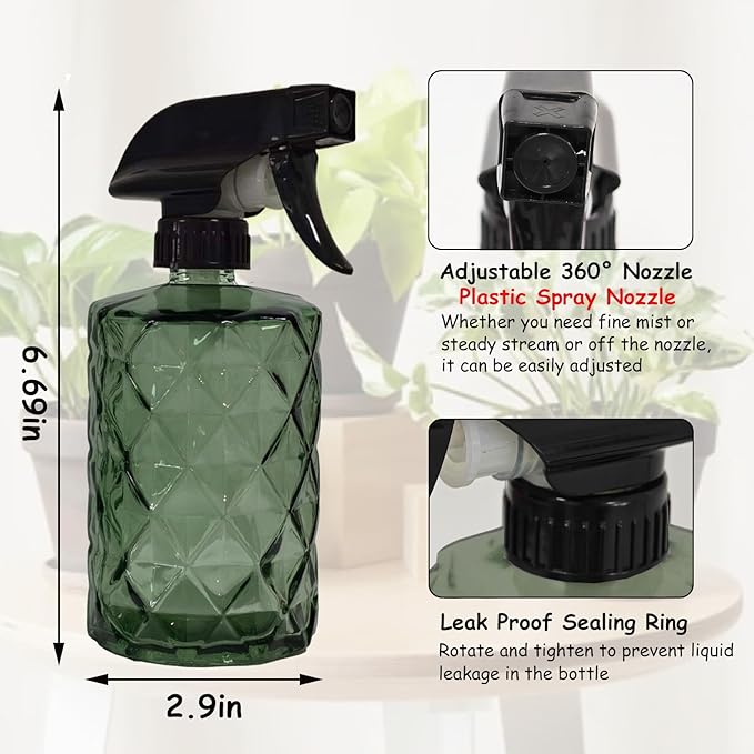 YYTSGG Green Glass Plant Mister Bottle, 12oz Refillable Water Spray Bottle with Adjustable Mist Nozzle for Indoor Flowers, Outdoor Gardening, Cleaning, Hair and Pets Care