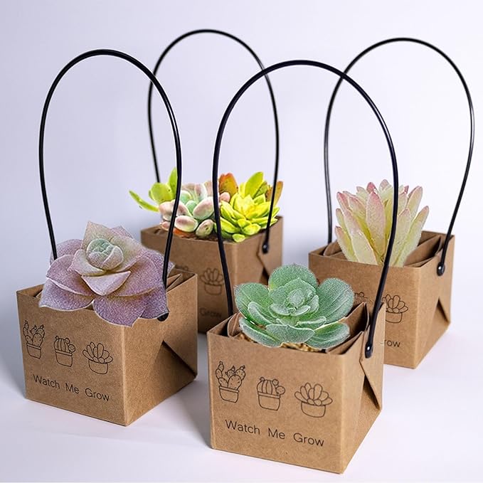 100Pcs Watch Me Grow Succulent Wrap, Fits 2 Inch Pots Succulent Wrap Bag with Plastic Handle Kraft Paper Sleeve SucculentTags for Shower Party Favors Ideas(100PCS)