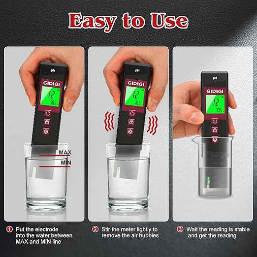 Digital pH Meter High Accuracy UL-Certified Water Tester with 6 Packs Calibration Powders Color LCD Backlit Display with pH Test Strip for Pools Hydroponics Aquariums Hot Tubs Drinking Water