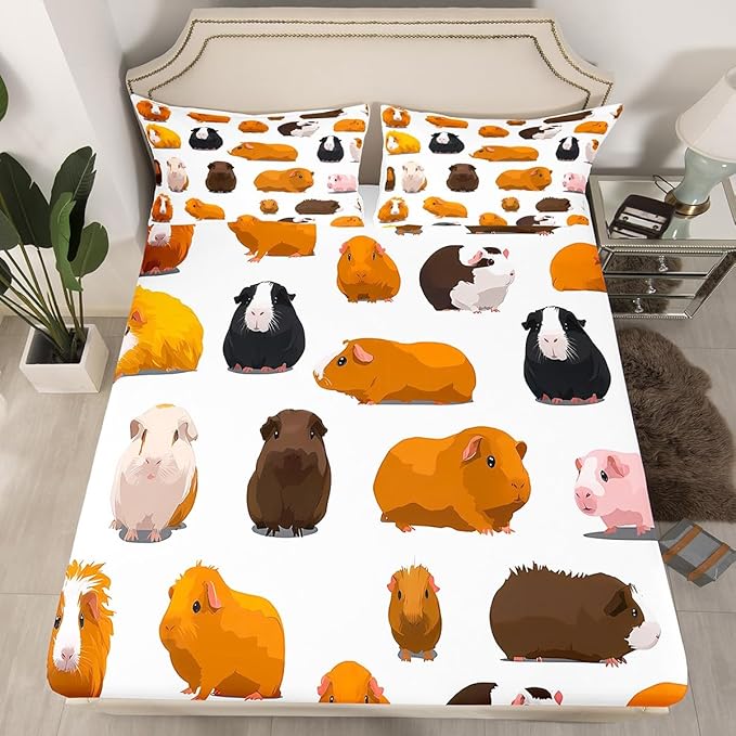 Feelyou Kids Sheet Set Full Size Guinea Pig Bedding Set Cute Pet Pattern Sheets Set for Boys Girls Kawaii Pet Animal Theme Bed Sheet Cartoon Guinea Pig Bedding, Soft and Cozy, Lightweight