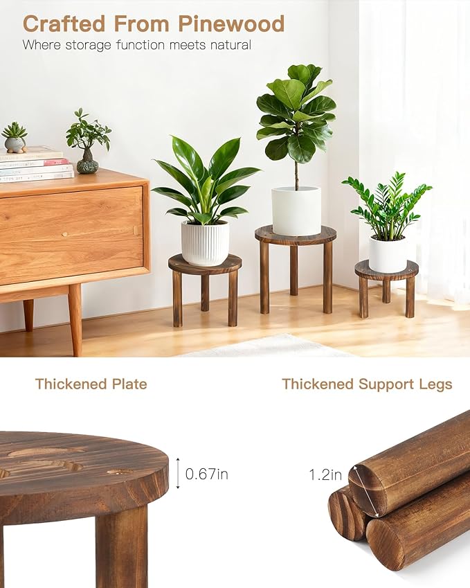 3-Pack Wooden Plant Stand Indoor, Mid Century Plant Stands for 6-11 Inch Pots, Modern Plant Stool for Large Plants, Heavy Duty Tall Plant Holder for Small Apartment Living Room Balcony Office