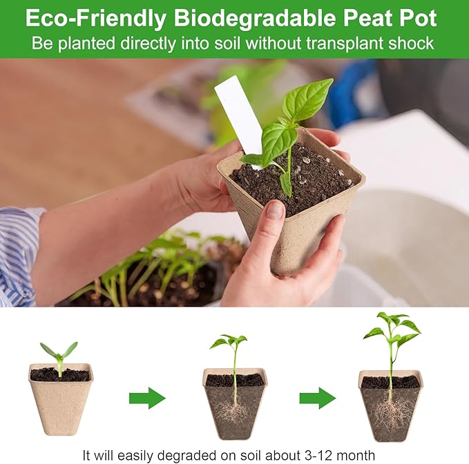 KOAMLY Square Peat Nursery Pots 150 Pcs 3in Biodegradable and Label, Used for Outdoor Gardens in Plant Nurseries