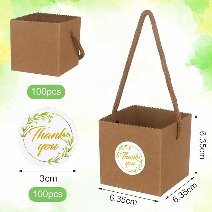 Beupy 100 Pcs Succulent Wrap Bags Bulk 2.5 Inch Mini Kraft Paper Succulent Wrap Bags with Handles & Thank You Stickers for Wedding Baby Shower Succulent Plants Party Favors for Guests