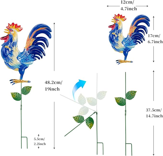 Metal Garden Stakes Outdoor Decor, 18 inch Garden Yard Art, Weather Proof Rooster Stakes for Yard Lawn Porch Pathway Patio Plant Pot Decorations, 4 Pack (Rooster-a-Head)