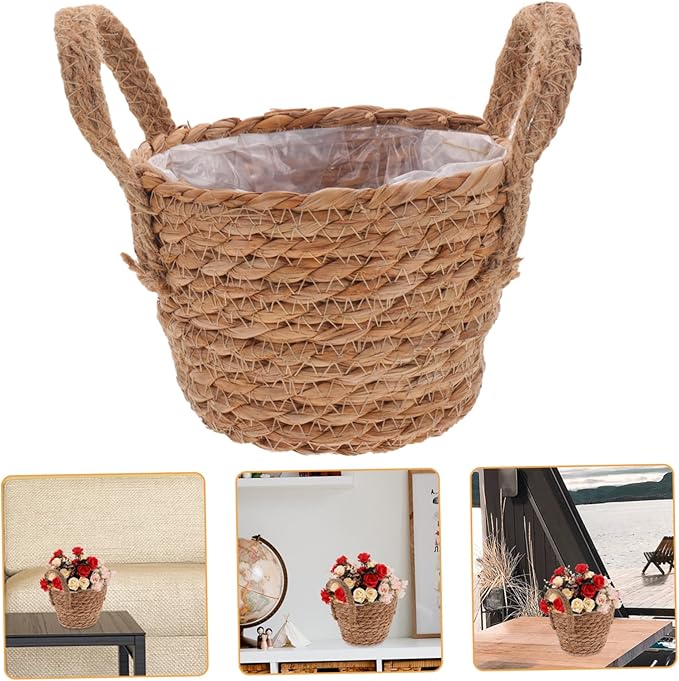 BESPORTBLE 2sets Seagrass Planters for Indoor Straw Pots for Outdoor Woven Flower Baskets Rattan Planter Baskets Handmade Storage with Liner 2pcs*2
