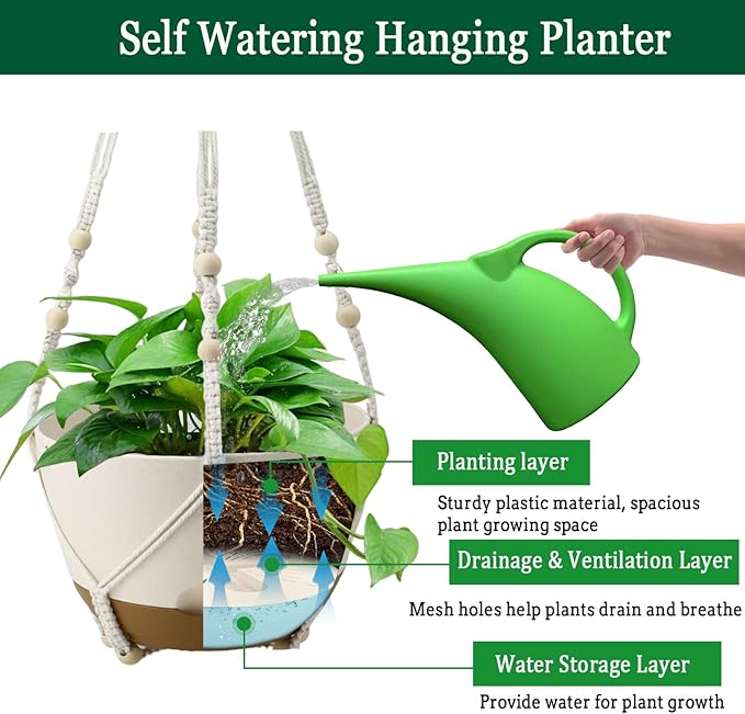 Koalaime Hanging Planters for Indoor Plants, 2 Pack 10 Inch Self Watering Pots with Macrame Plant Hanger, Hanging Baskets Holder for Outdoor Garden Home Ceiling Window Decor