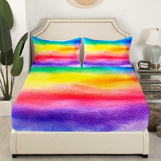 Feelyou Full Sheet Set for Kids Girls Rainbow Stripe Bright Watercolor Soft Kids Bedding Set, 1 Flat Sheet,1 Deep Pocket Fitted Sheet, and 2 Pillow Case, Breathable, Teens Children Bedroom Decor