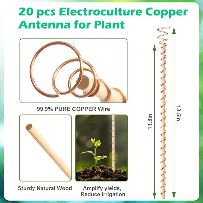 20pcs Electroculture Plant Stakes, 13.5'' Copper Coil Wire Antennas Garden Stakes, Tensor Rings Kit, Copper Rods Electronic Planting for Growing Vegetable Garden Plants Support Outdoor Indoor