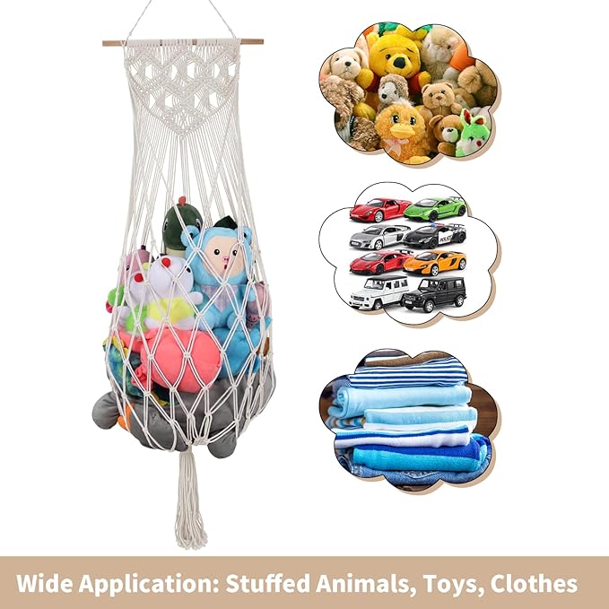 63 Inch Jumbo Stuffed Animal Storage w/ LED Star Light, Toy Hammock Wall Ceiling Over Door Hanging Organizer for Nursery Stuffy Plushie, Cream Stuffed Animals Hammock Corner for Kid Girls Boys Gift
