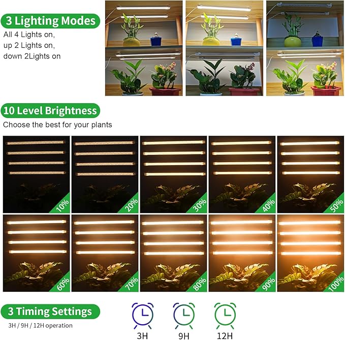 RWNTAO LED Plant Growing Lamp, 3500K Full Spectrum Grow Light Strips for Indoor Plants with 3/9/12H Timer & 10 Dimmable Levels, Led Growth Light for Green House Hydroponics Succulent 13In 4Head