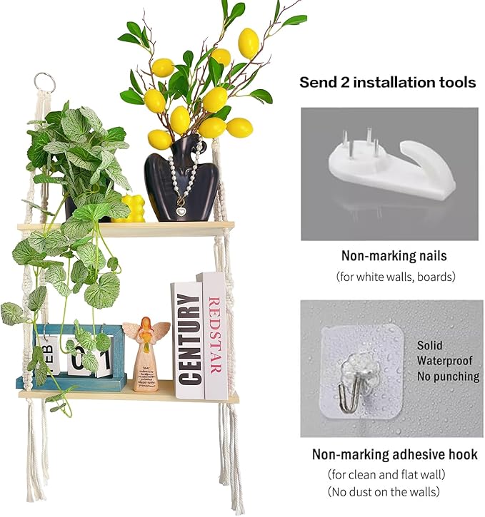 Bohemian Braided Jute Rope Floating Wall Shelf, Rustic Natural Wood with No Drill Adhesive Mount for Plants, Photo Frames, Decorative Display in Bedroom, Living Room, Office, Kitchen