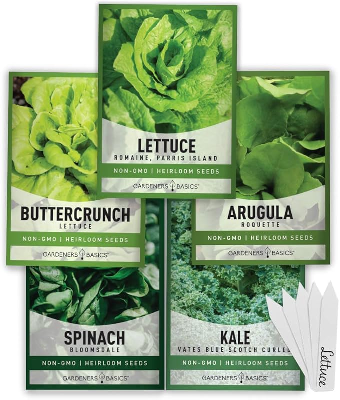 Beginner Indoor Garden Lettuce Kit - Includes Romaine, Buttercrunch Lettuces, Spinach, Arugula, and Kale Heirloom Seeds, Pots, Soils and Plant Markers - Complete Indoor Vegetable Garden Starter Kit
