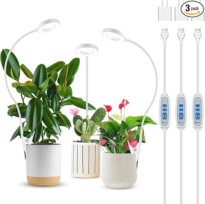 Grow Lights for Indoor Plants, Full Spectrum Clip on Plant Lights for Indoor Growing, White Halo Grow Lamp 3 Pack with 360° Gooseneck, 6/12/16H Timer, 3 Light Modes, 5 Dimmable