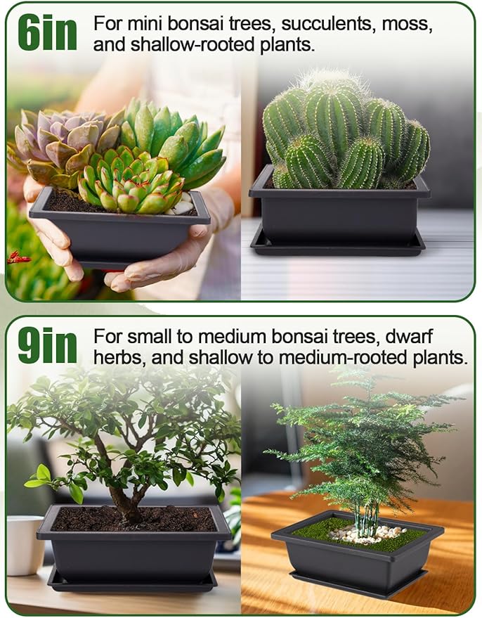PAMASE 8 Packs Bonsai Training Pot with Humidity Tray - 6.5in & 9in Training Nursery Pots Kit, Plastic Plants Growing Planter with Drainage Tray, Indoor Succulents Decor Garden