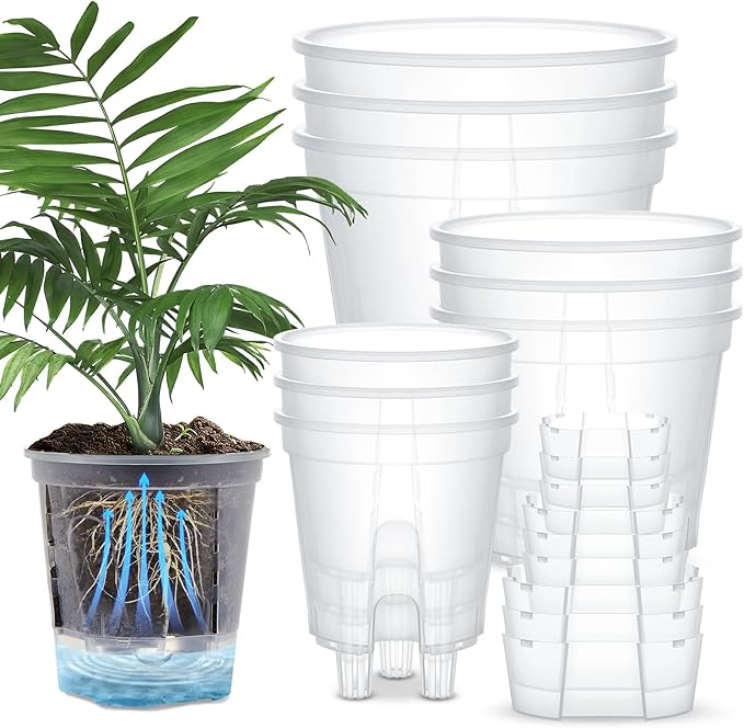 Wonderjune Self Watering Pots for Indoor Plants with Deep Reservoir and High Drainage Holes for Outdoor Plants and Flowers, Bare Root Planter(4.72'', 5.91'', 7.09'',Clear,9 Pcs)