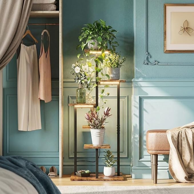 6 Tier Plant Stand Indoor with Grow Light, Tiered Plant Stands for Indoor Plants Multiple, Corner Flower Stand for Living Room, Multi-Layer Vintage Design Plant Shelf