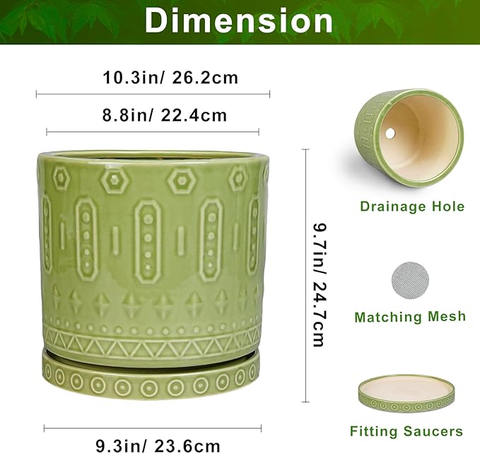 Eightpot Ceramic Pot for Plants - 10 Inch Indoor Plant Pots with Drainage Holes and Saucer, Boho Round Planter Outdoor, Decorative Large Planter for Flower, Living Room Decor, Garden Gifts, Green