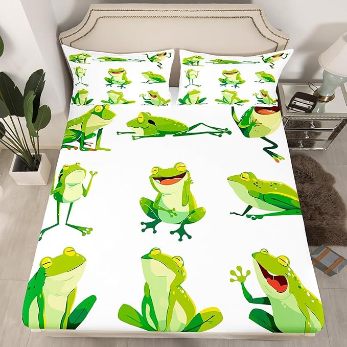 Kids Bed Sheet Set Queen Cute Frog Print Bed Sheets For Boys Girls Bedroom Super Soft and Cozy Cute Cartoon Animal Pattern Sheets Set Lightweight Green Frogs Nature Theme Bed Set With 2 Pillowcase