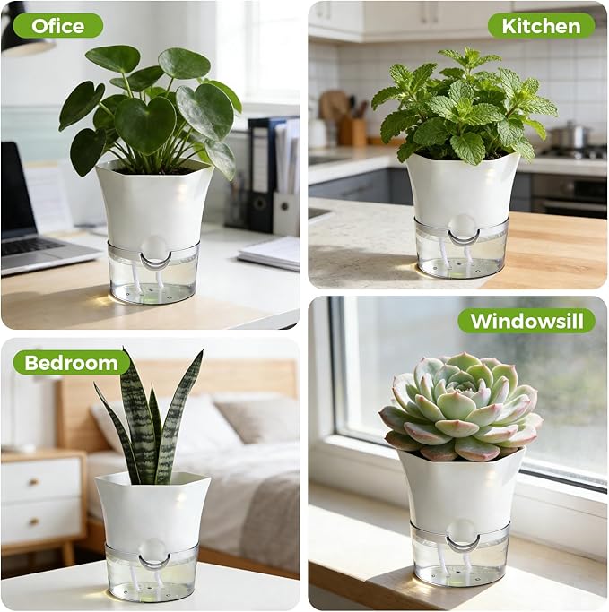 10-Pack 6" Clear Self Watering Pots for Indoor Plants Large Hexagon Self-Watering Planters Orchid Pots Plastic Wick Flower Plant Pots for African Violet, Spider, Herbs, Home Decor, White and Clear