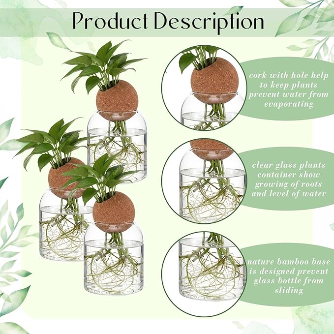Baderke 3 Pcs Glass Plant Propagation Stations with Spherical Lid Glass Jars Plant Propagation Vases Hydroponic Spherical Cork Planter for Indoor Home Office Desktop Decor(Round,3.94 Inches)