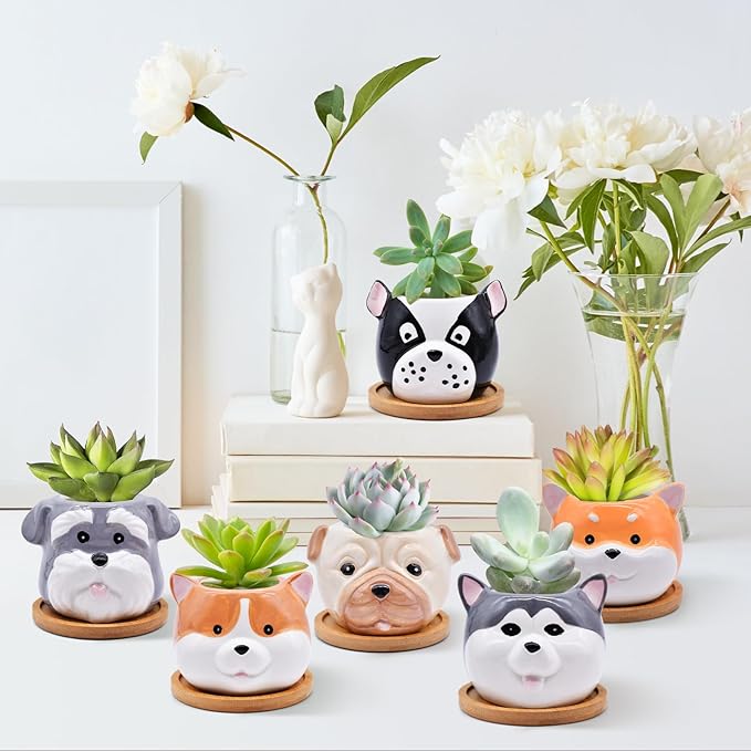 6 Pack Cute Dog Succulent Pots with Drainage – Ceramic Puppy Planters for Small Plants & Cactus, Animal Shaped Mini Flower Pots, Desk & Home Décor, Gift for Dog Lovers, Office, Balcony, Garden