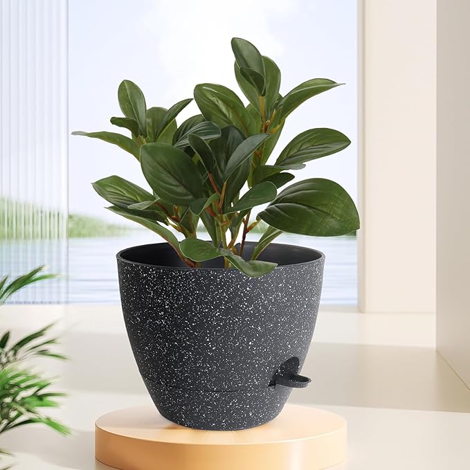 WSMKSZ 12 inch Large Self Watering Pots, Planter, Plant Pots with Mesh Drainage Holes for Indoor Outdoor House Plants and Garden, Plastic Flower Pots with Deep Reservoir, Speckled Black