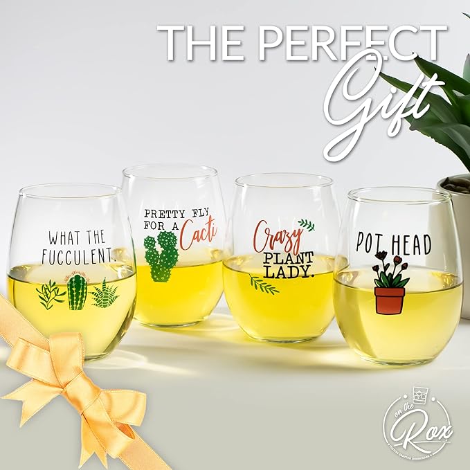 Succulent Plant Cactus Wine Gifts for Women- Set of 4 Funny Wine Glasses 15oz - Flower Lover Gift Mug - What the Fucculent- Crazy Plant Lady Glass Tumbler - Stemless Glasses Housewarming Gift