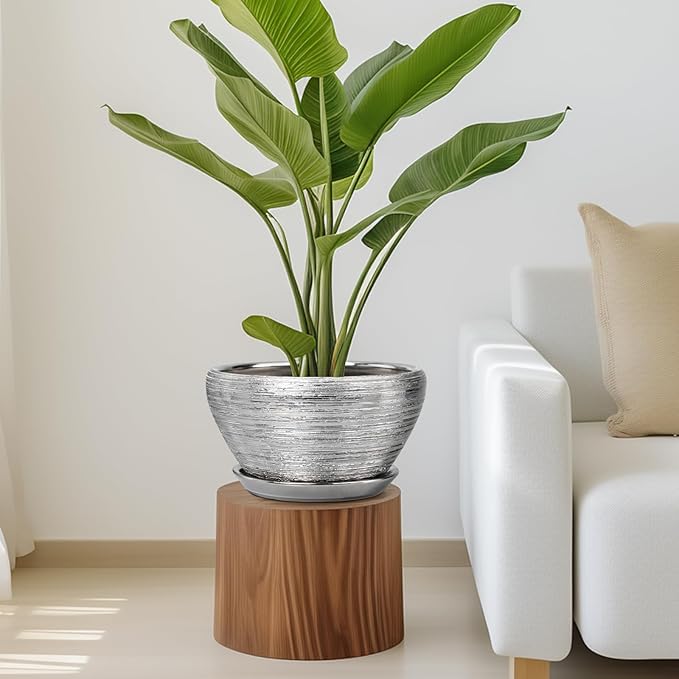 Ceramicfor Flower Pot for Indoor Plants - Ceramic Planter 11 Inch Plant Pot with Drainage Hole and Saucer Large Decorative Planter Outdoor Mid-Century Planter for House Decor Silver