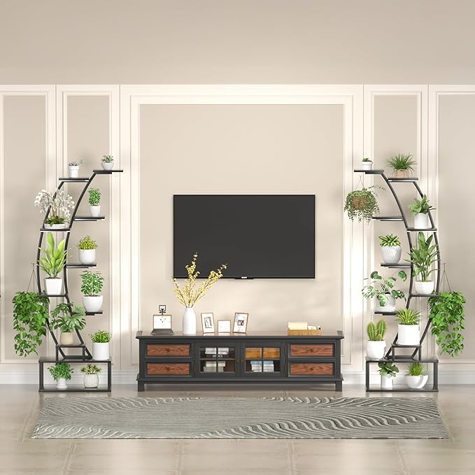 Plant Stand Shelf Indoor with 8 Grow Light, 10 Tiered 65" Tall Black Large Half Moon Lighted Plant Rack Holder, 2 Pack Big High Circular Arch Multi Herb Stand with Built in LED Grow Light Set